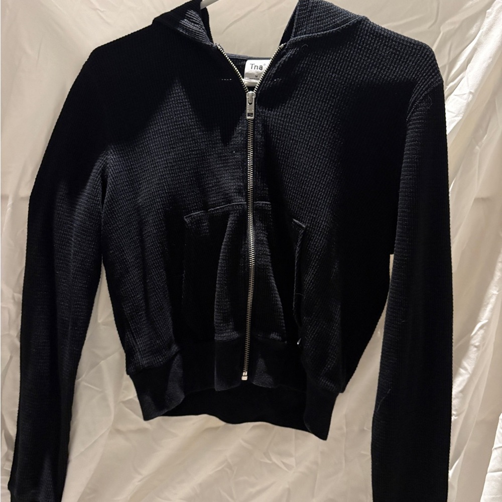 TNA Midnight Black Cropped Waffle Zip-Up